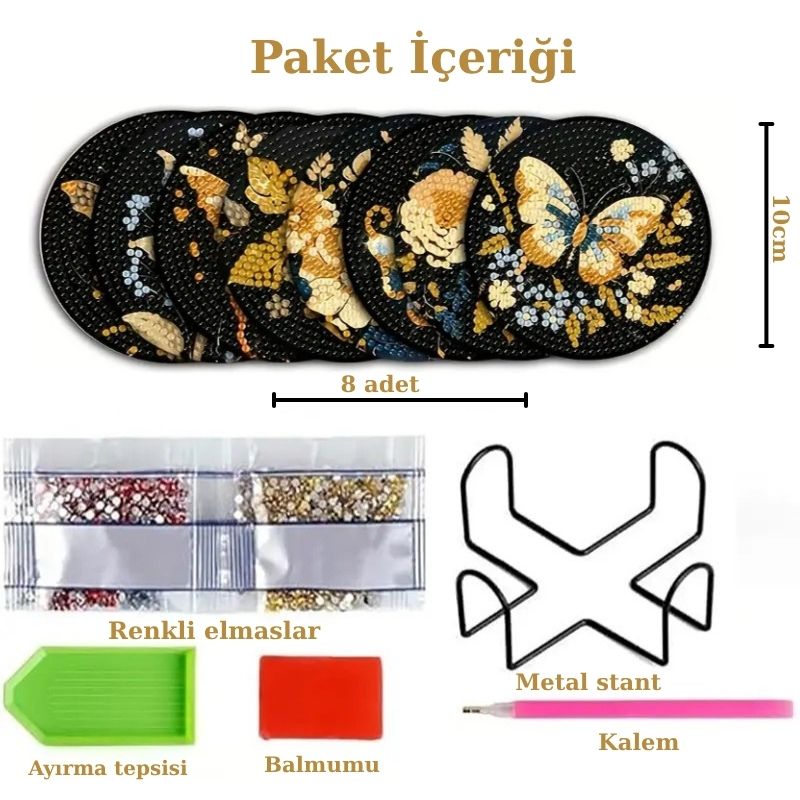 Kelebek Temalı Elmas Boyama Bardak Altlığı Seti