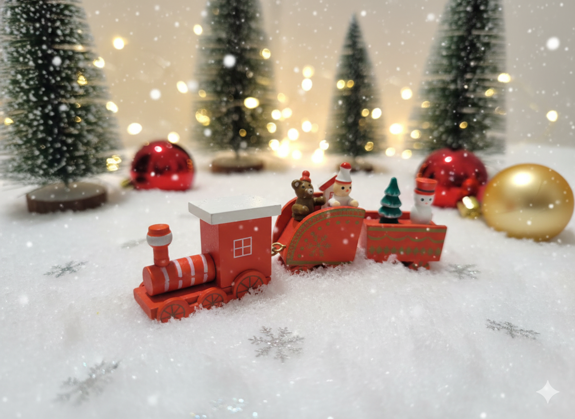 Yılbaşı Temalı Ahşap Tren - Kırmızı Noel Ekspresi, Masaüstü Dekoratif Süs ve Hediye Oyuncak