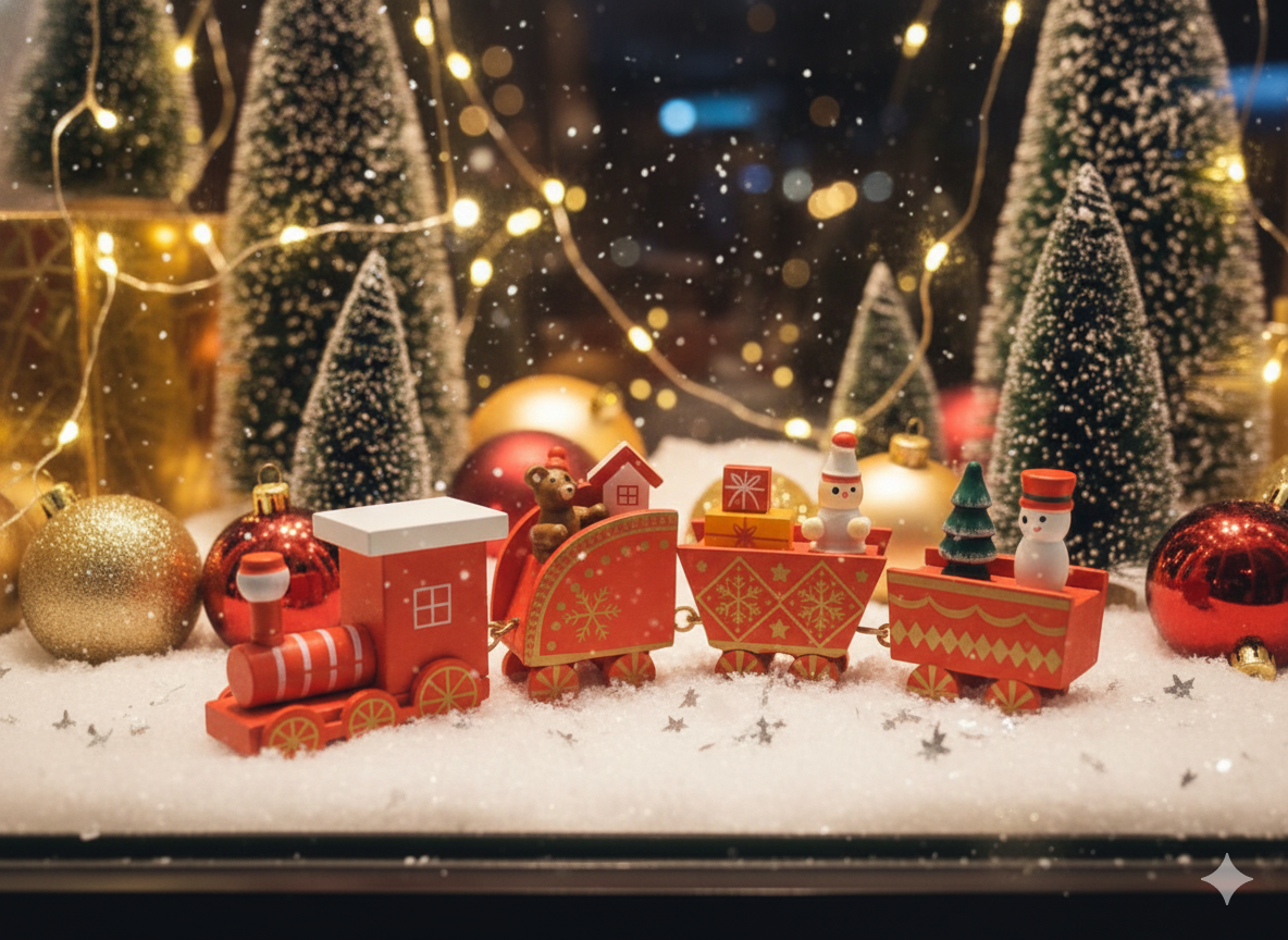Yılbaşı Temalı Ahşap Tren - Kırmızı Noel Ekspresi, Masaüstü Dekoratif Süs ve Hediye Oyuncak