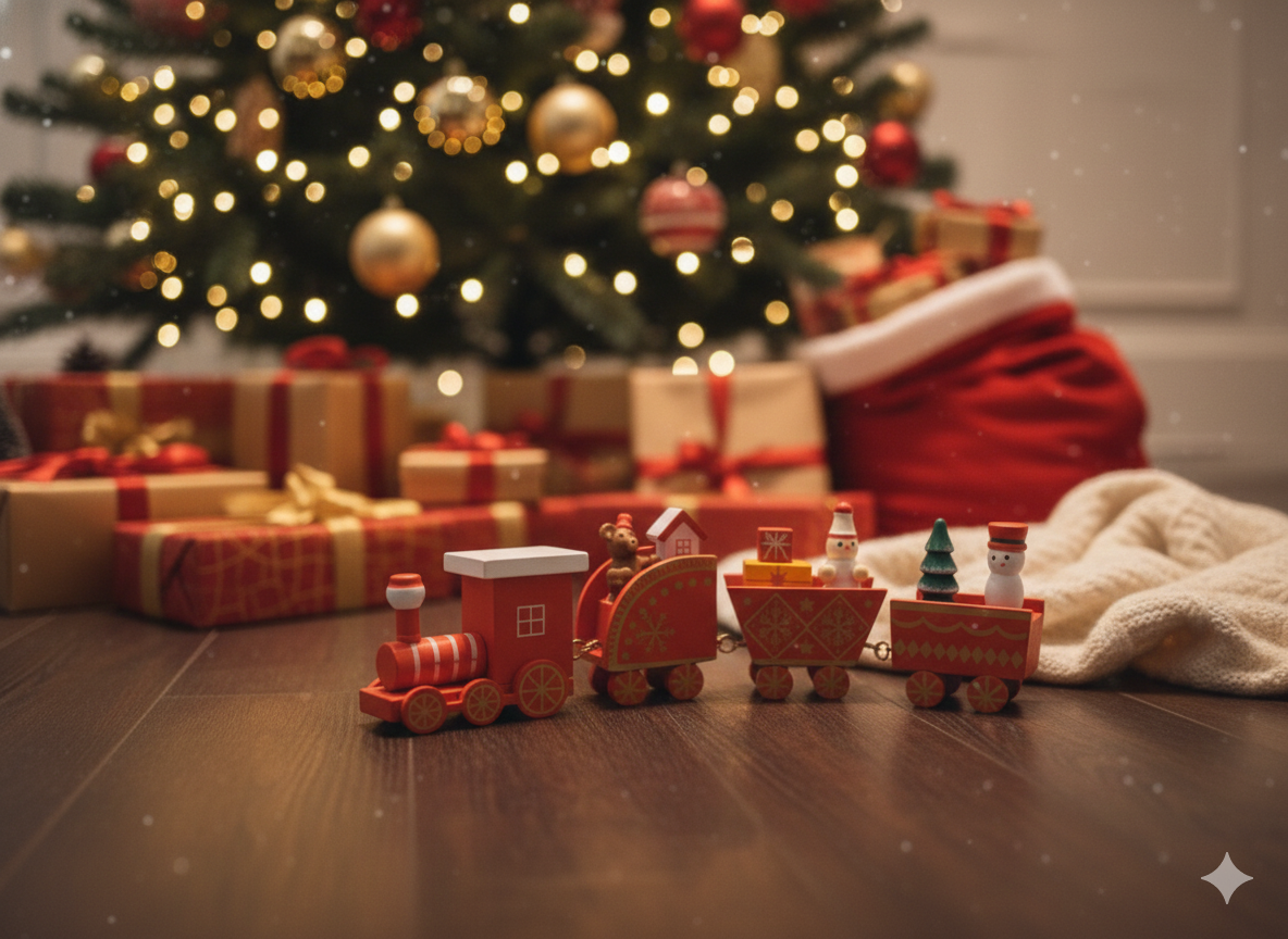Yılbaşı Temalı Ahşap Tren - Kırmızı Noel Ekspresi, Masaüstü Dekoratif Süs ve Hediye Oyuncak