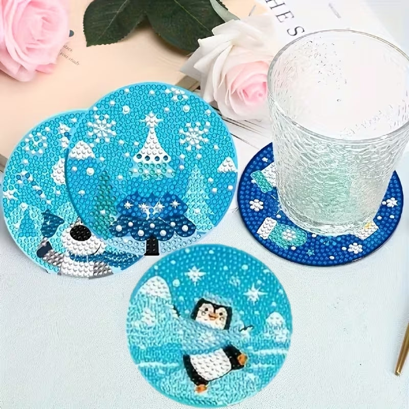 Mavi Yılbaşı Temalı Elmas Boyama Bardak Altlığı Seti