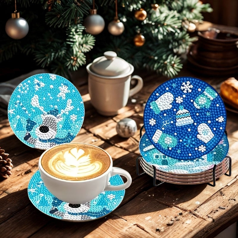 Mavi Yılbaşı Temalı Elmas Boyama Bardak Altlığı Seti