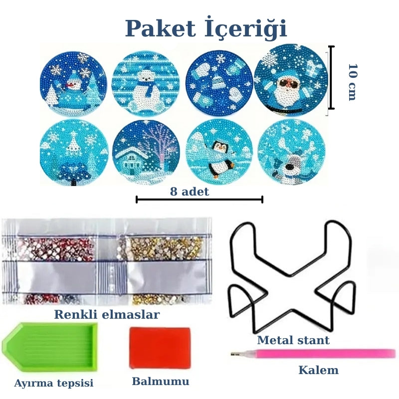 Mavi Yılbaşı Temalı Elmas Boyama Bardak Altlığı Seti