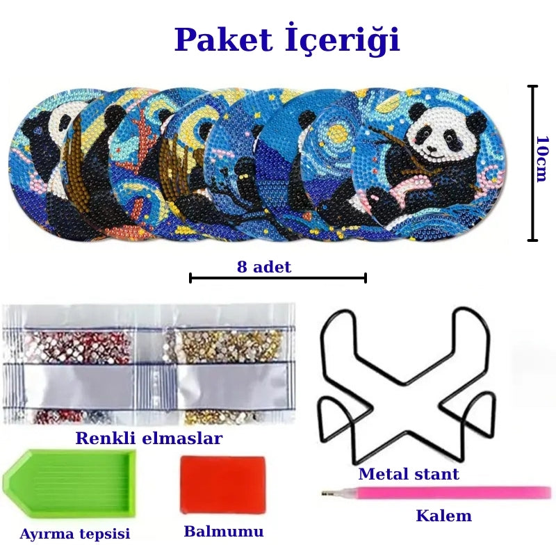 Panda Temalı Elmas Boyama Bardak Altlığı Seti