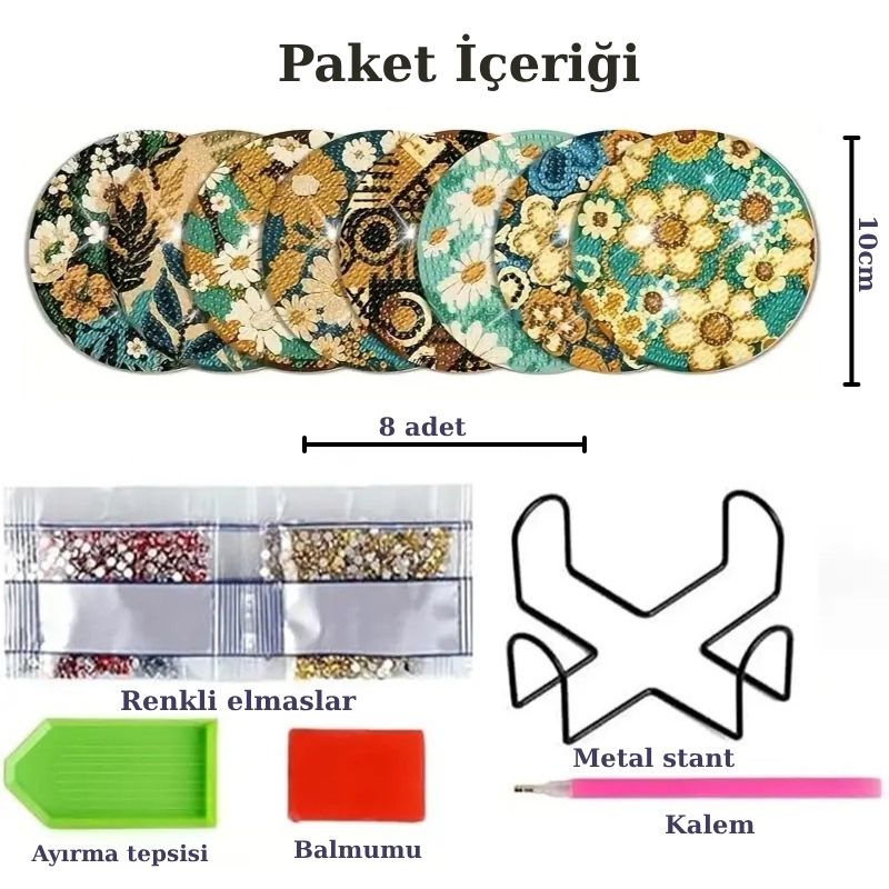 Papatya Temalı Elmas Boyama Bardak Altlığı Seti