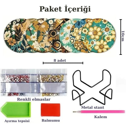 Papatya Temalı Elmas Boyama Bardak Altlığı Seti