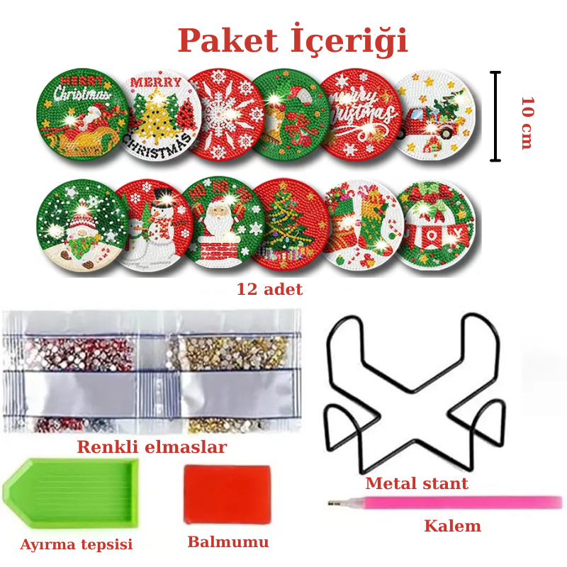 12'li Yılbaşı Temalı Elmas Boyama Bardak Altlığı Seti – 12 Parça, Metal Stant Dahil, DIY Kendin Yap