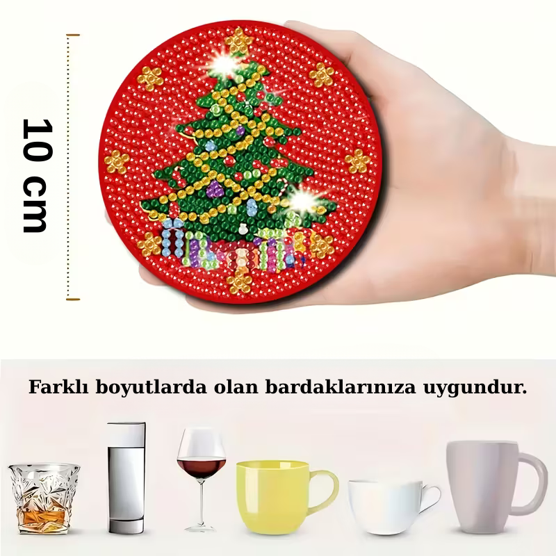 12'li Yılbaşı Temalı Elmas Boyama Bardak Altlığı Seti – 12 Parça, Metal Stant Dahil, DIY Kendin Yap