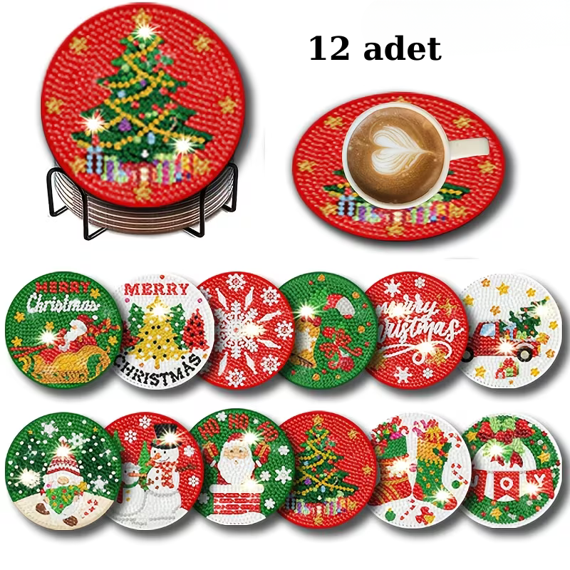 12'li Yılbaşı Temalı Elmas Boyama Bardak Altlığı Seti – 12 Parça, Metal Stant Dahil, DIY Kendin Yap