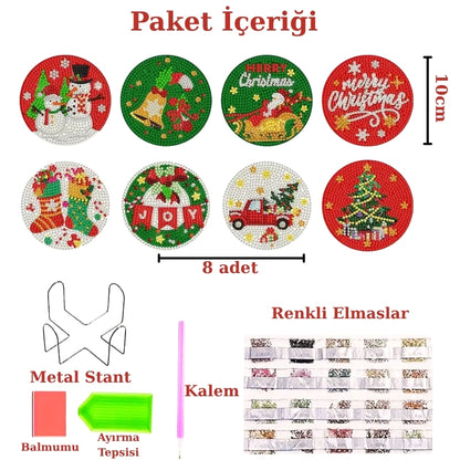 Yılbaşı Temalı Elmas Boyama Bardak Altlığı Seti – 8 Parça, Metal Stant Dahil, DIY Kendin Yap