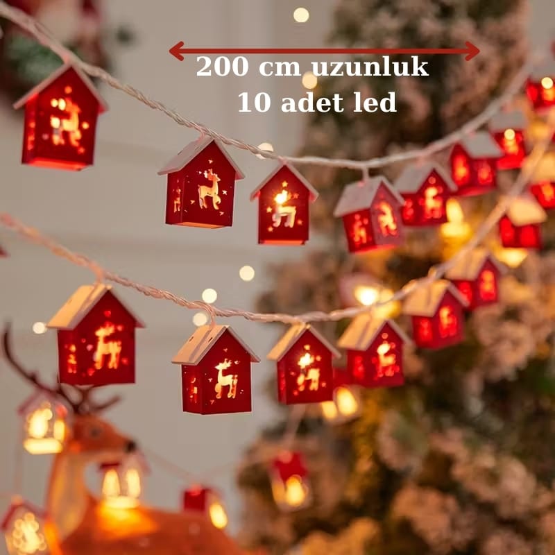 Yılbaşı Temalı Kırmızı Ev LED Işık Zinciri - Geyik Figürlü Dekoratif Pilli Aydınlatma