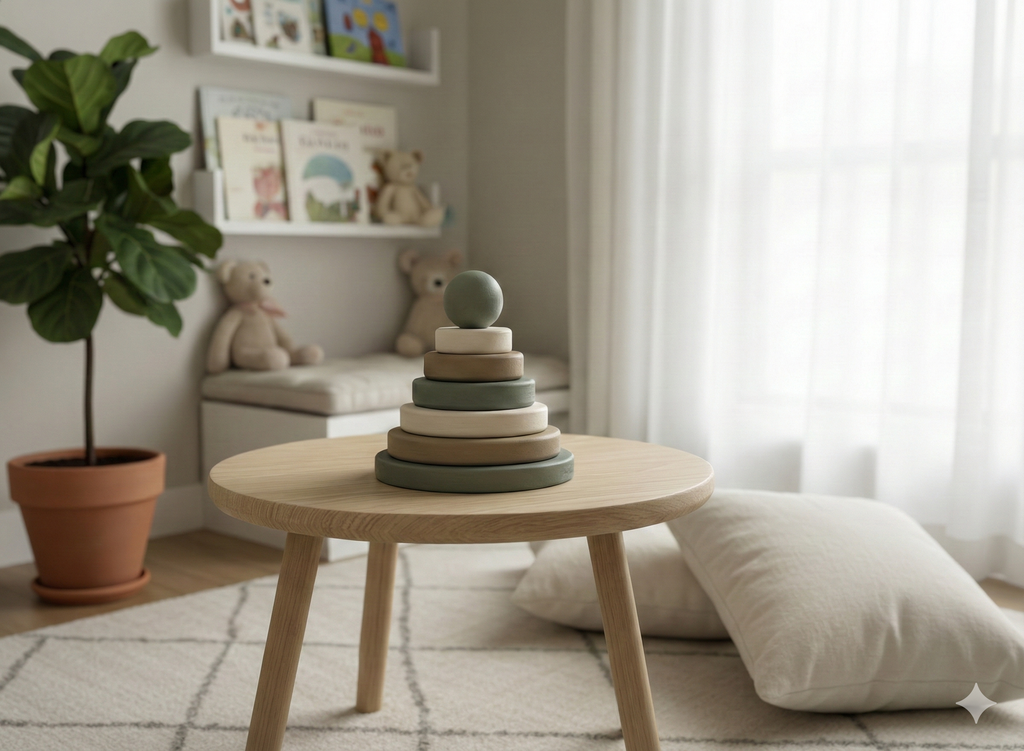 Zeytin Dalı Ahşap Montessori Halka Kule - Doğal Kayın Stacker Eğitici Dizme Oyunu