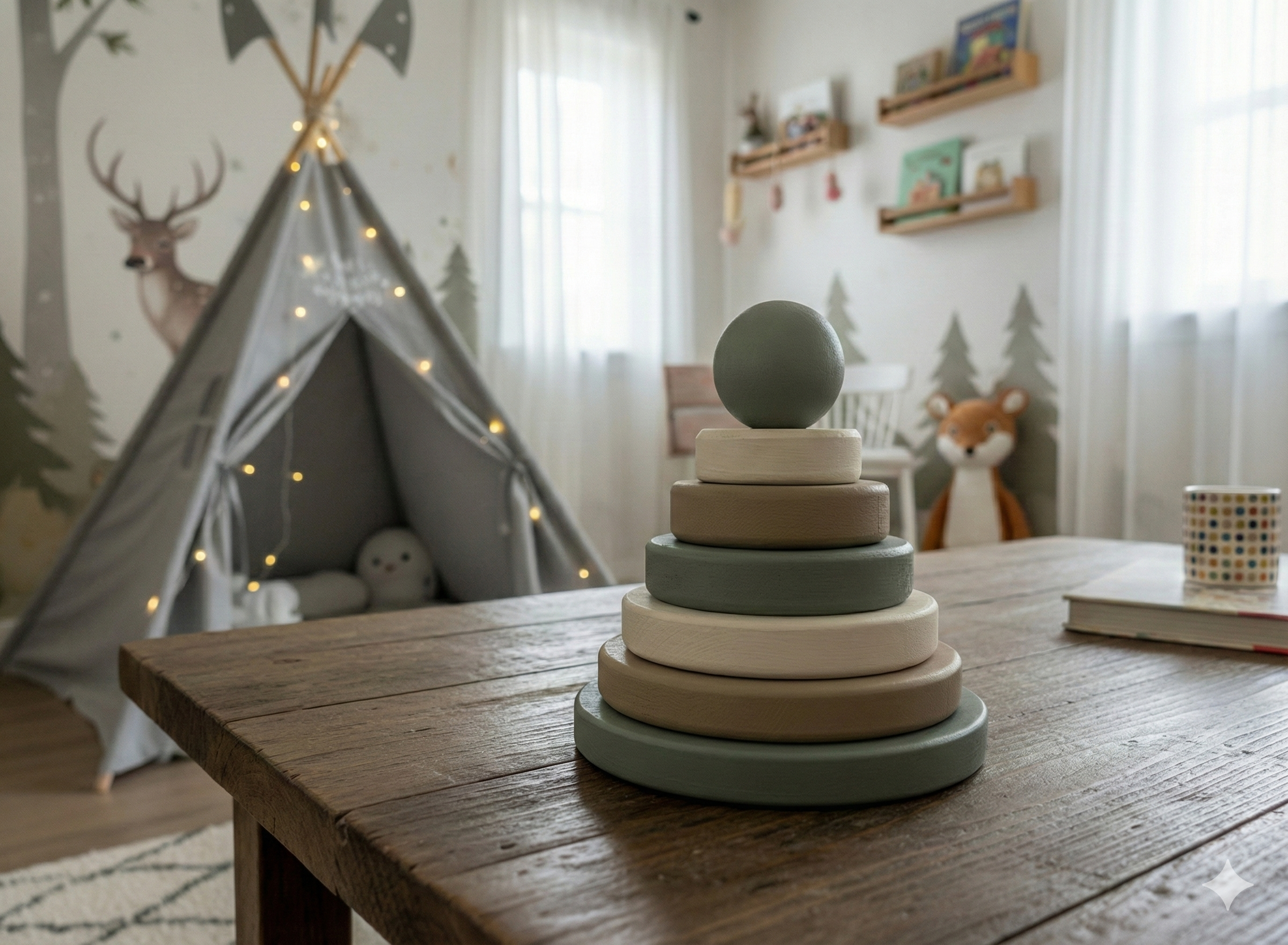 Zeytin Dalı Ahşap Montessori Halka Kule - Doğal Kayın Stacker Eğitici Dizme Oyunu