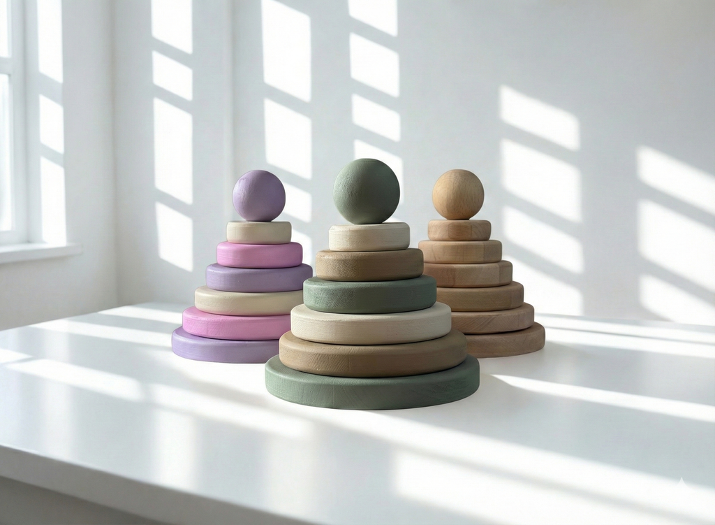 Zeytin Dalı Ahşap Montessori Halka Kule - Doğal Kayın Stacker Eğitici Dizme Oyunu