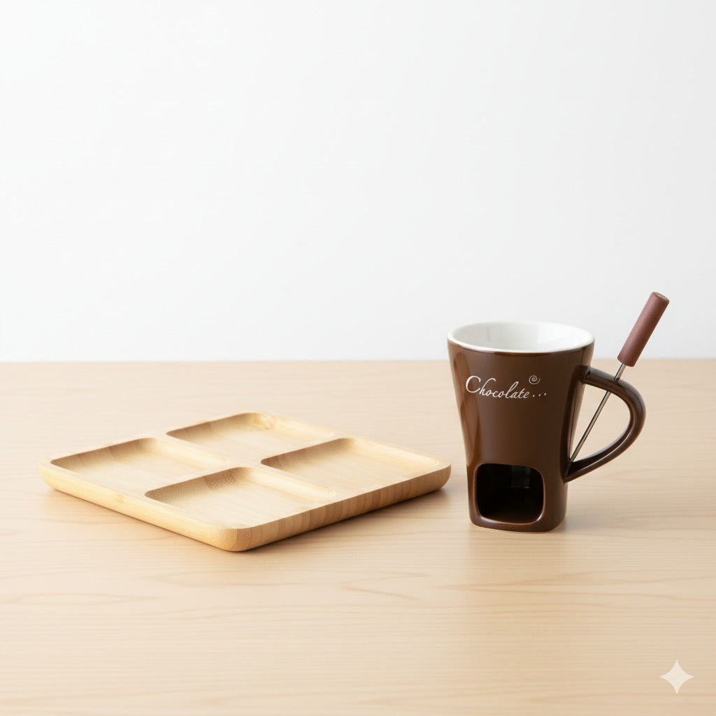 Porselen Çikolata Fondü Seti – Ahşap Sunum Tabağıyla
