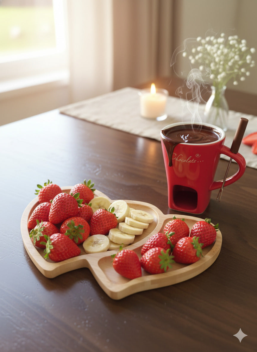 Porselen Çikolata Fondü Seti – Ahşap Sunum Tabağıyla