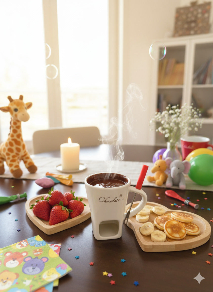 Porselen Çikolata Fondü Seti – Ahşap Sunum Tabağıyla