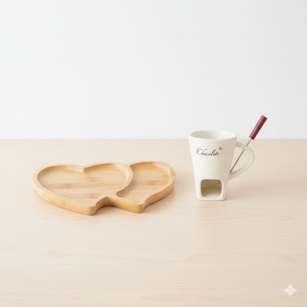 Porselen Çikolata Fondü Seti – Ahşap Sunum Tabağıyla