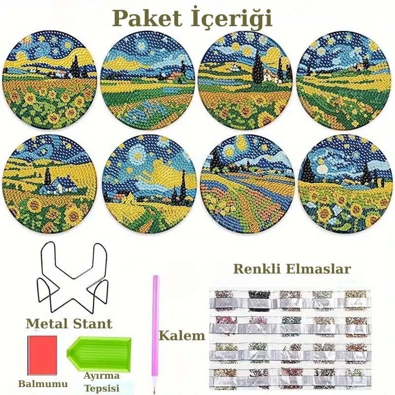 Ayçiçeği Temalı Elmas Boyama Bardak Altlığı Seti