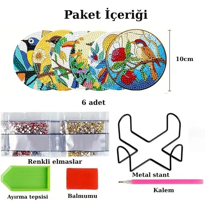 Kuş Temalı Elmas Boyama Bardak Altlığı Seti