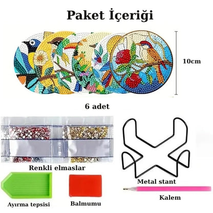 Kuş Temalı Elmas Boyama Bardak Altlığı Seti