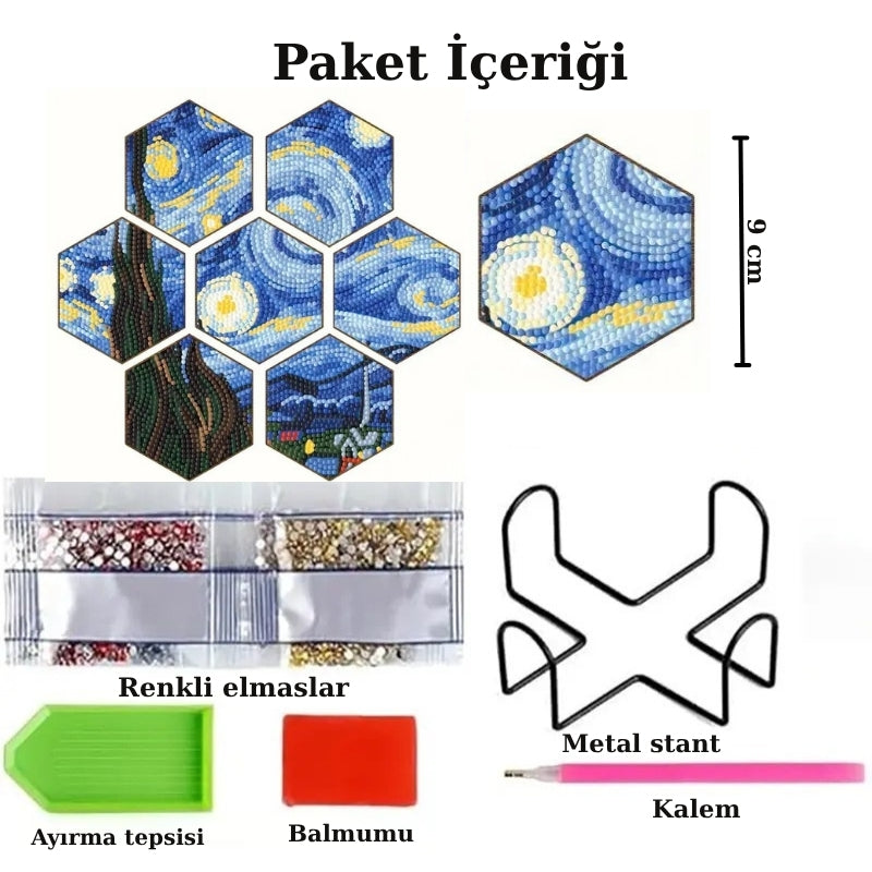 Yıldızlı Gece Temalı Elmas Boyama Bardak Altlığı Seti