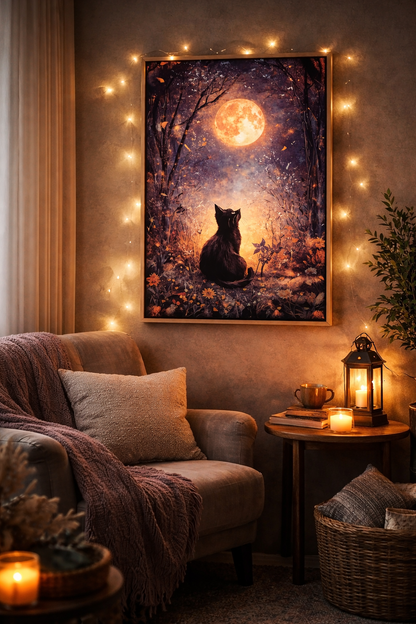 Ay Işığında Kedi Temalı Elmas Boyama Tablo – 40x60 cm DIY Diamond Painting Seti