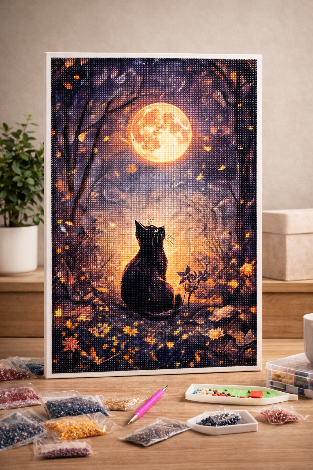 Ay Işığında Kedi Temalı Elmas Boyama Tablo – 40x60 cm DIY Diamond Painting Seti