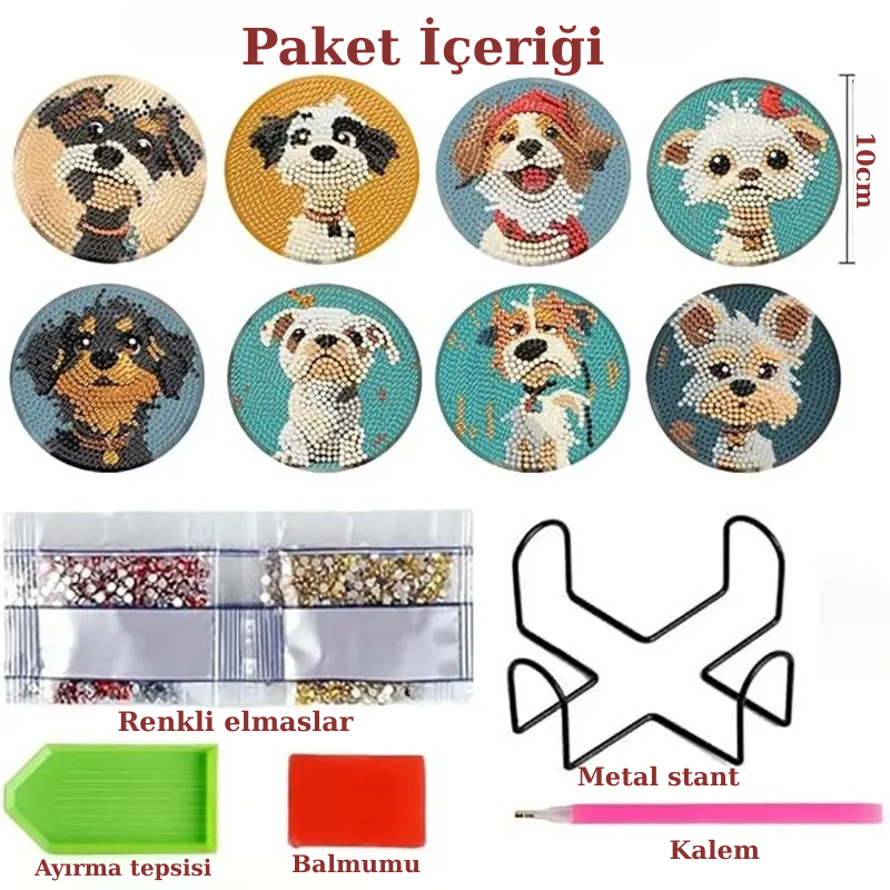 Sevimli Köpek Temalı Elmas Boyama Bardak Altlığı Seti