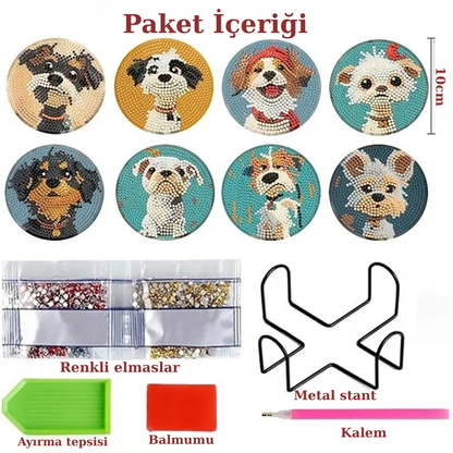 Sevimli Köpek Temalı Elmas Boyama Bardak Altlığı Seti