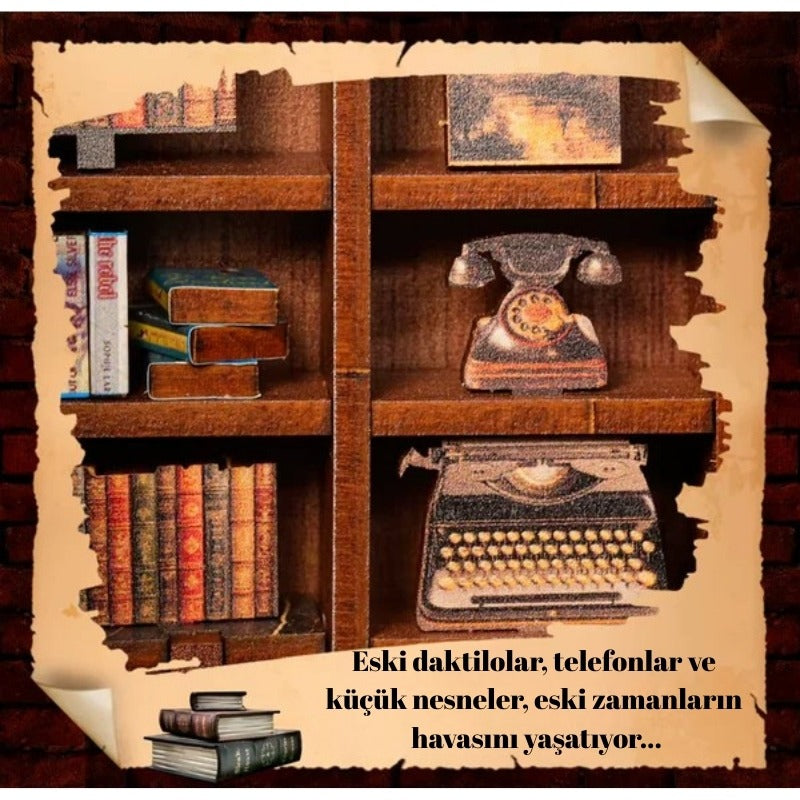 Vintage Özel Kitaplık Book Nook Minyatür Model – LED Işıklı DIY Ahşap Kitaplık Dekoru