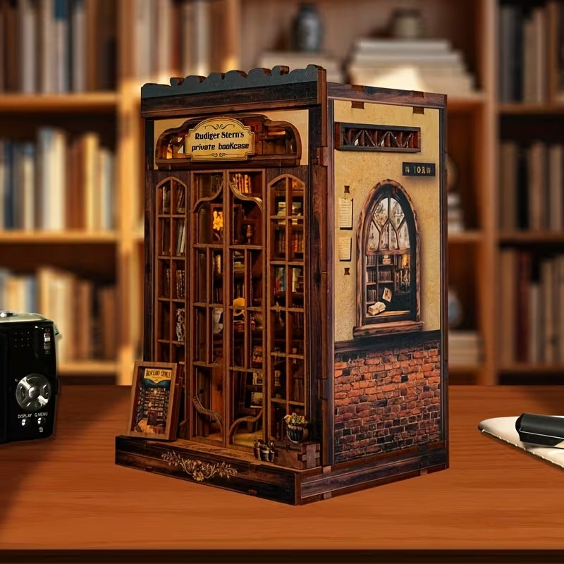 Vintage Özel Kitaplık Book Nook Minyatür Model – LED Işıklı DIY Ahşap Kitaplık Dekoru
