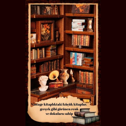Vintage Özel Kitaplık Book Nook Minyatür Model – LED Işıklı DIY Ahşap Kitaplık Dekoru