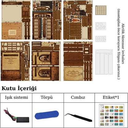 Vintage Özel Kitaplık Book Nook Minyatür Model – LED Işıklı DIY Ahşap Kitaplık Dekoru