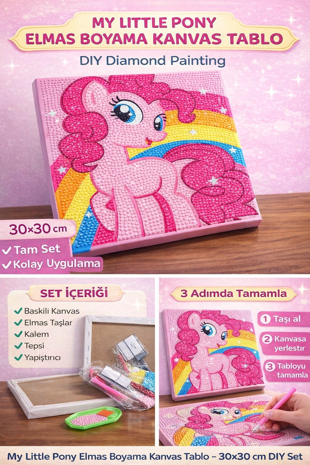 Sevimli Pony Elmas Boyama Çıtalı Kanvas Tablo – 30x30 cm DIY Diamond Painting Seti