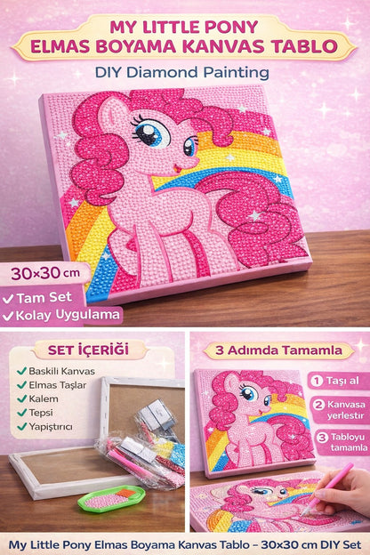 Sevimli Pony Elmas Boyama Çıtalı Kanvas Tablo – 30x30 cm DIY Diamond Painting Seti