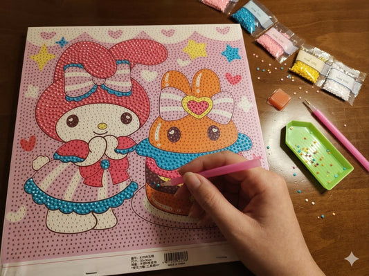 Sevimli Tavşanlar Elmas Boyama Çıtalı Kanvas Tablo – 30x30 cm DIY Diamond Painting Seti