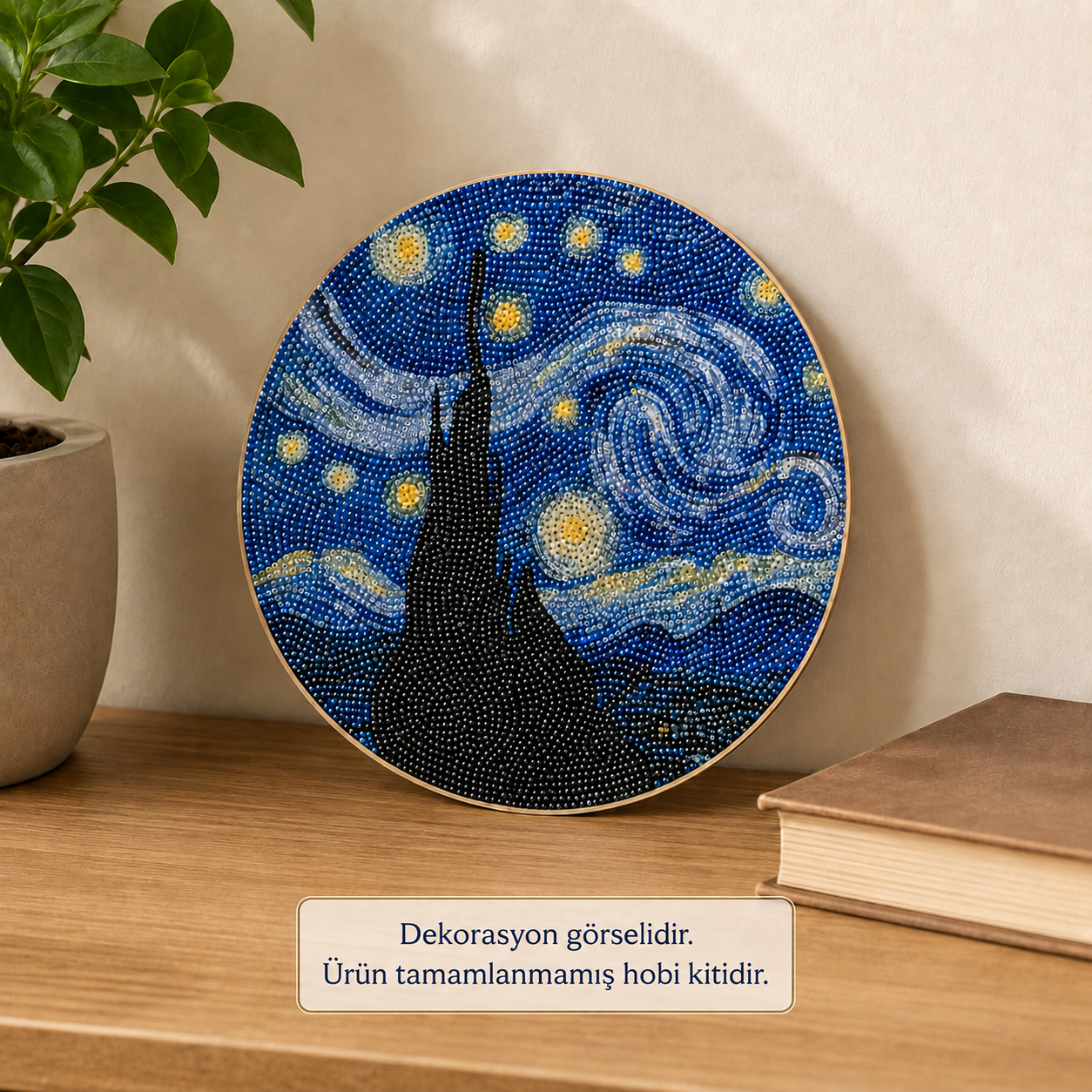 Yıldızlı Gece Yuvarlak Ahşap Elmas Boyama Kiti – 20 cm