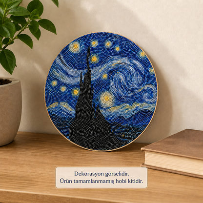 Yıldızlı Gece Yuvarlak Ahşap Elmas Boyama Kiti – 20 cm
