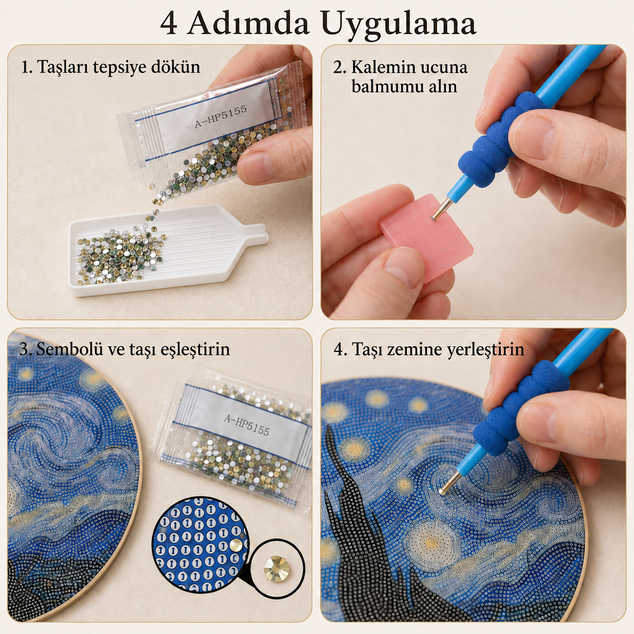Yıldızlı Gece Yuvarlak Ahşap Elmas Boyama Kiti – 20 cm