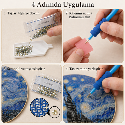 Yıldızlı Gece Yuvarlak Ahşap Elmas Boyama Kiti – 20 cm