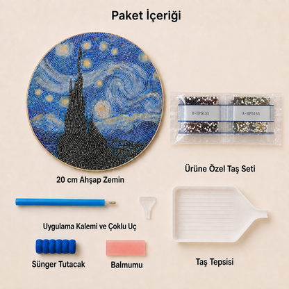 Yıldızlı Gece Yuvarlak Ahşap Elmas Boyama Kiti – 20 cm