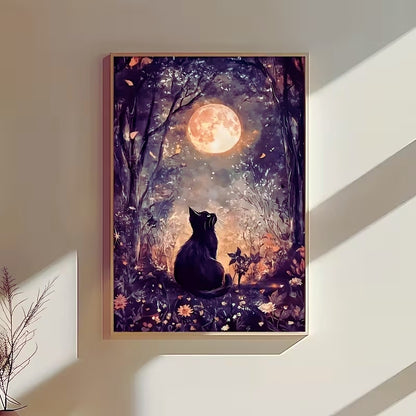 Ay Işığında Kedi Temalı Elmas Boyama Tablo – 40x60 cm DIY Diamond Painting Seti