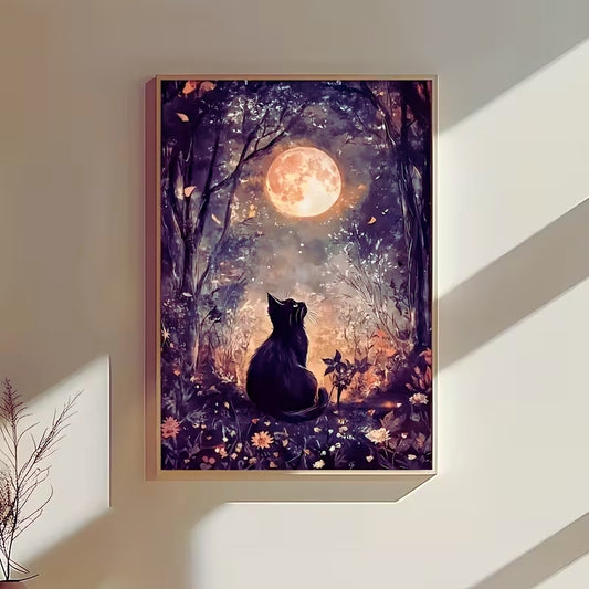 Ay Işığında Kedi Temalı Elmas Boyama Tablo – 40x60 cm DIY Diamond Painting Seti
