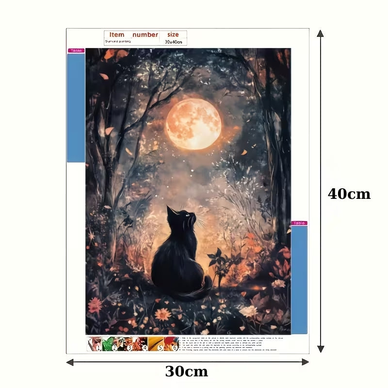 Ay Işığında Kedi Temalı Elmas Boyama Tablo – 40x60 cm DIY Diamond Painting Seti