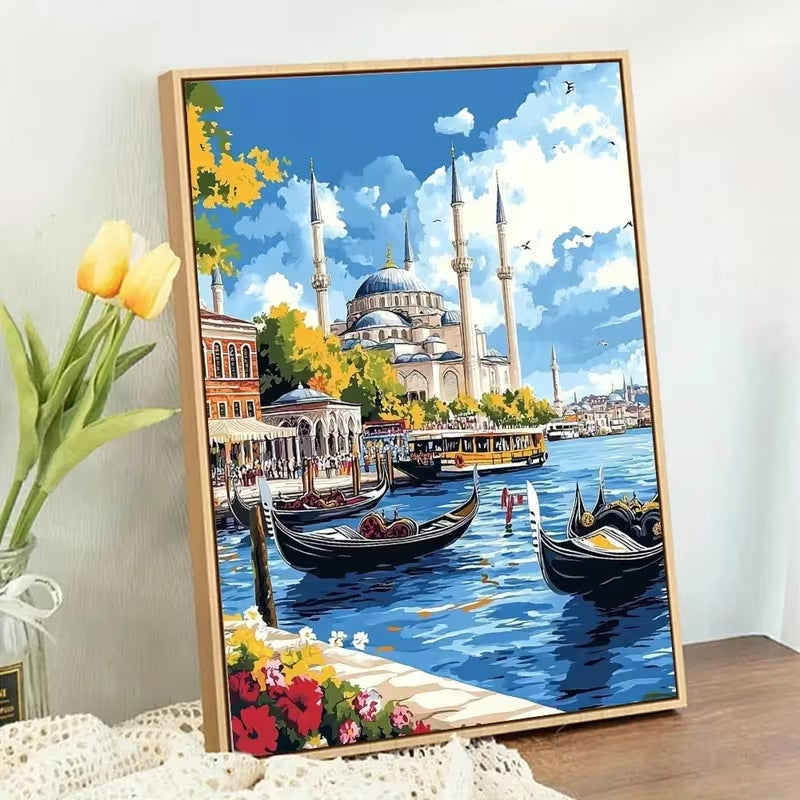 İstanbul Boğazı Camii ve Gondol Manzarası Elmas Boyama Tablo – 30x40 cm DIY Diamond Painting Seti