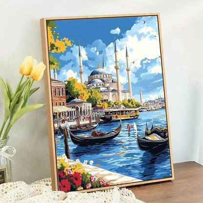 İstanbul Boğazı Camii ve Gondol Manzarası Elmas Boyama Tablo – 30x40 cm DIY Diamond Painting Seti