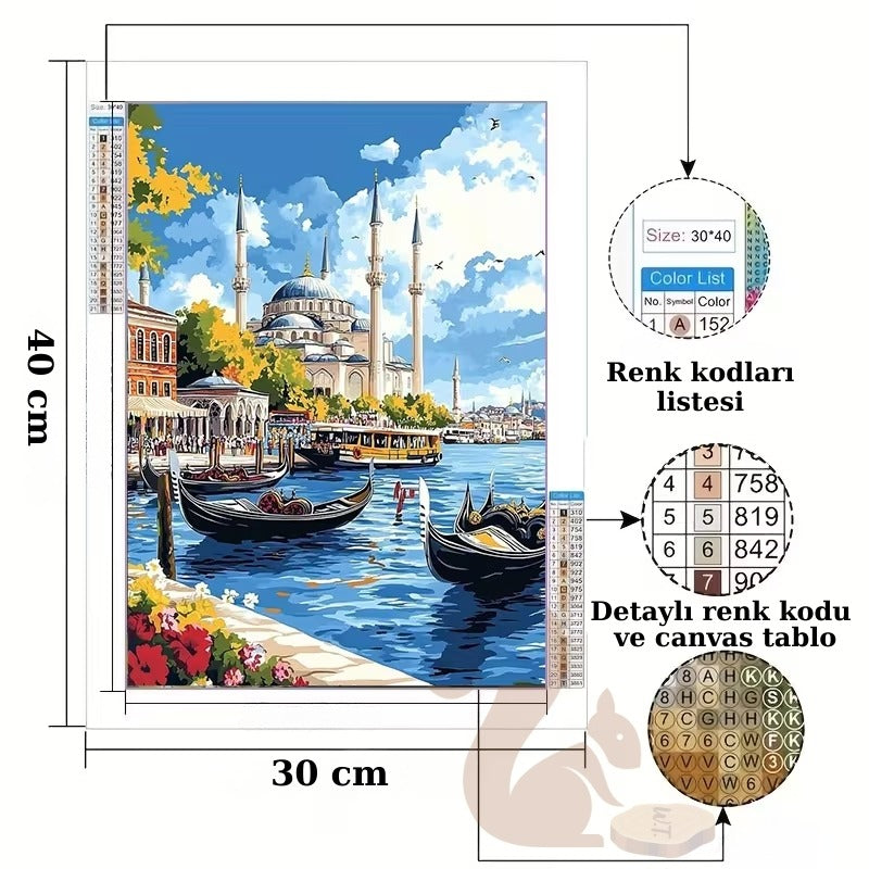 İstanbul Boğazı Camii ve Gondol Manzarası Elmas Boyama Tablo – 30x40 cm DIY Diamond Painting Seti