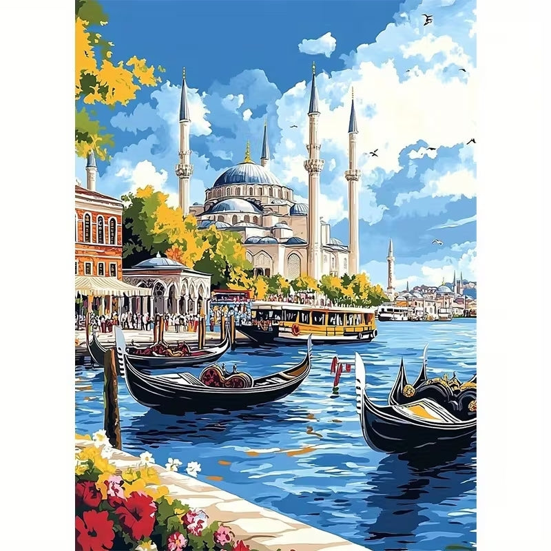 İstanbul Boğazı Camii ve Gondol Manzarası Elmas Boyama Tablo – 30x40 cm DIY Diamond Painting Seti