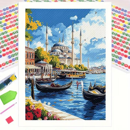 İstanbul Boğazı Camii ve Gondol Manzarası Elmas Boyama Tablo – 30x40 cm DIY Diamond Painting Seti